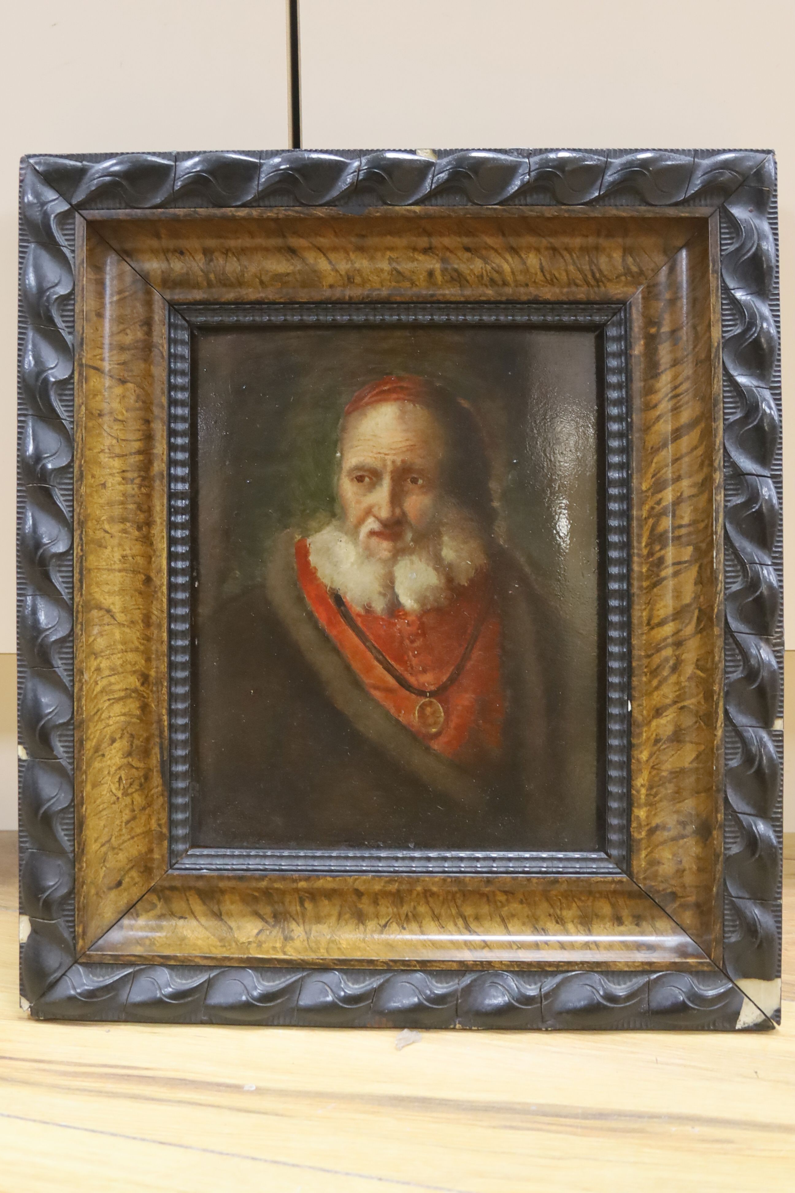 19th century Continental School, oil on panel, Portrait of a 17th century gentleman, 25 x 20cm